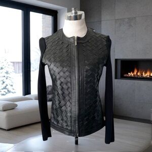 CAPRICE REAL LEATHER BASKET WEAVE FRONT KNIT BACK SWEATER JACKET